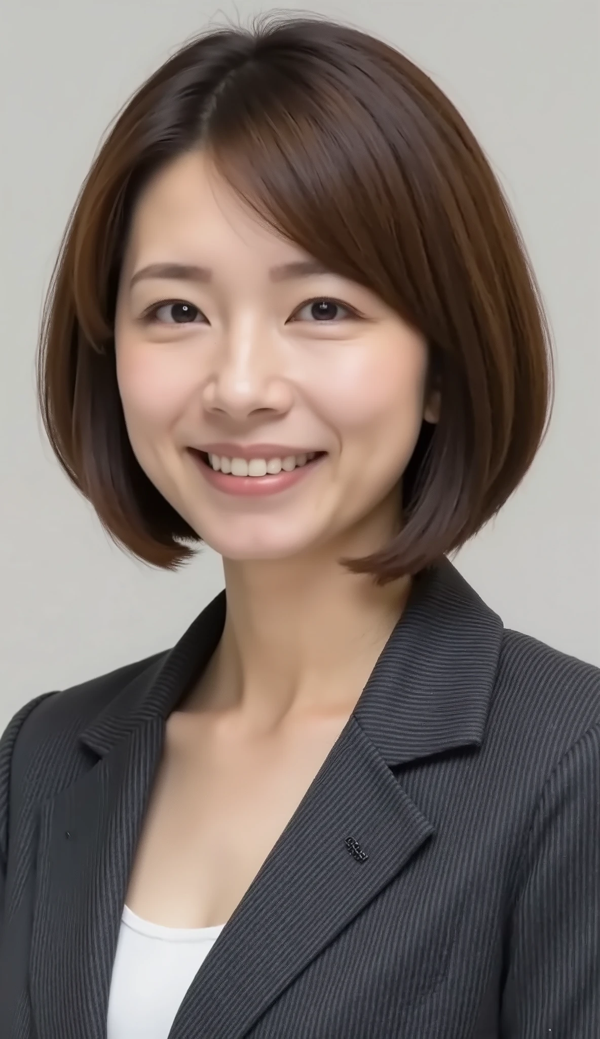 nsfw、From front、Japanese in a グレーcollarless suit、カメラ目線、25-year-old female minister、A-line bob(angled bob・inverted bob)、黒髪、during regular press conference、(bust up shot:1.5)、、歯を見せた笑顔