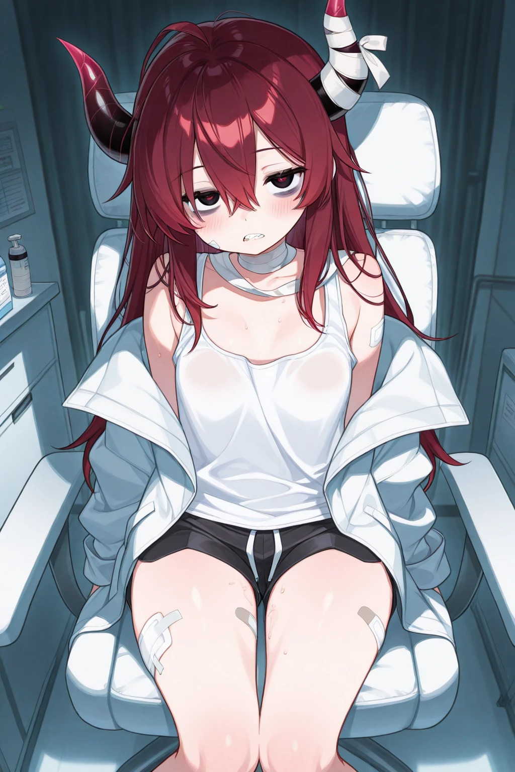 The animal-eared, cat, small breasts, long hair, pink tail, bare breasts, show crotch, indoor, night, bare, she bare in bedroom, blood in face, scary face, blood in the body, gagged and bound, saw in the table, dead