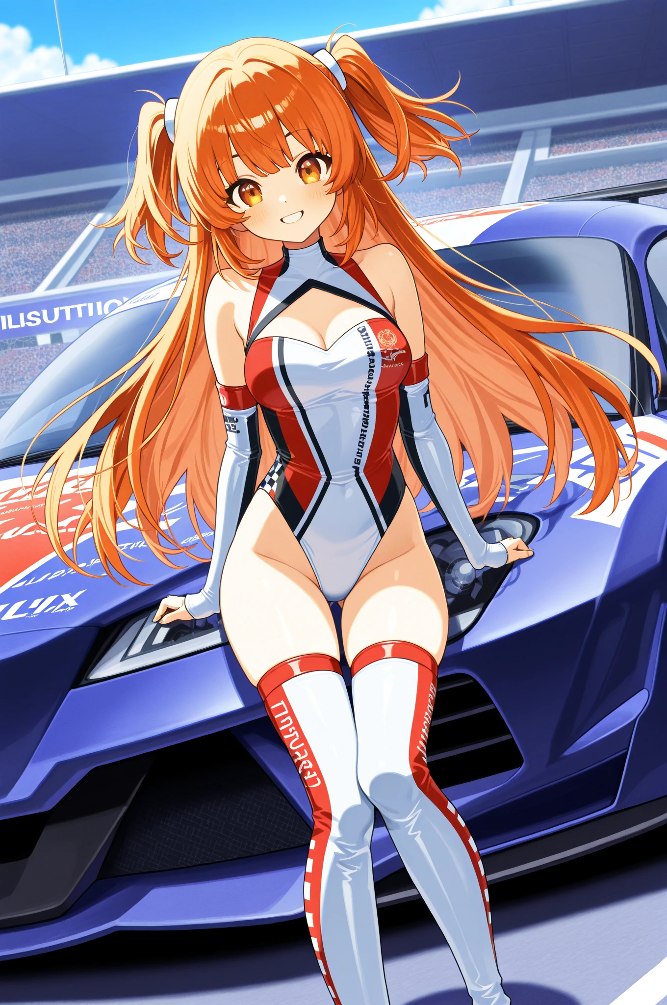 (masterpiece:1.2, highest quality), (Realistic, photoRealistic:1.4), Beautiful illustrations, (Natural Side Lighting, Cinema Lighting), avert your eyes, (Cowboy Shot), 2 girls, Grid Girls, 30 years old, (((Mature Woman))), (Beautiful anime faces), Japanese, Perfect Face, Perfect Anatomy, Symmetrical cute face, Shiny skin, Blunt bangs, (Intense glowing purple eyes:1.3), Beautiful Hair, Beautiful Face, Beautiful clavicle, Beautiful body, Beautiful breasts, Beautiful thighs, Beautiful feet, Beautiful fingers, (Perfect Face, Perfect Anatomy), (Two legs, Five Fingers), ((Grid Girls, Racing Suits, Race Queen Costume:1.3. White and pink high leg leotard with sponsor logo:1.3, Shiny arm covers:1.3, Shiny knee-high boots:1.3)), (Beautiful views), Written boundary depth,((Tall Woman), (Slim figure), (small breasts directed upwards)), (Randomly changing obscene poses:1.3), ((A tiny remote vibrator is attached to the pussy), (Holding the smart key in the right hand)), (Golden hair ornament), (Pale pink hair),
