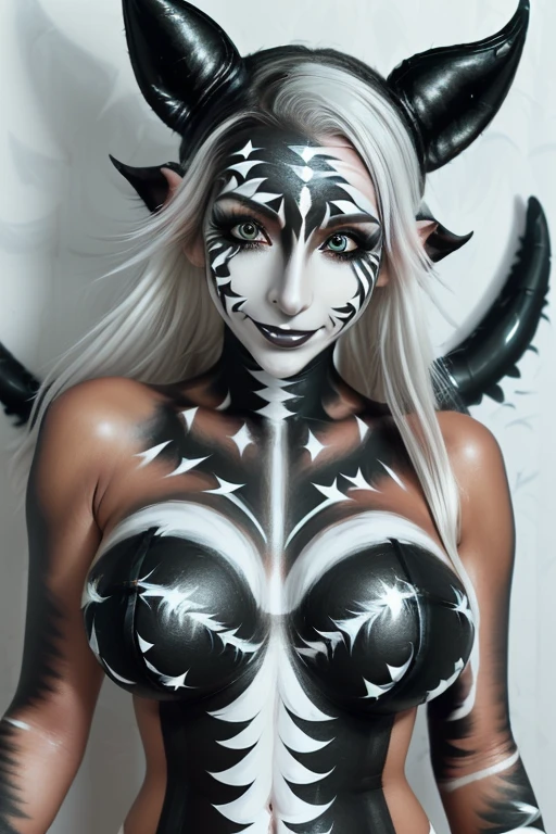 (beautiful black and white demon:1.5), (carnage:1.5),(beautiful female model:1.5), (white demoness with Large horns:1.25),(1 super muscular succubus with flayed skin:1.5), (covered in thick white muscle suit:1.5), (exposed perfect anatomy:1.5), high detail, best quality, masterpiece, finely detail, realistic skin texture, 85 mm art lens, f 1.2, sharp focus, 8 k high definition, insanely detailed, intricate, white background, glowing white eyes, dark hair, glowing white light in the background