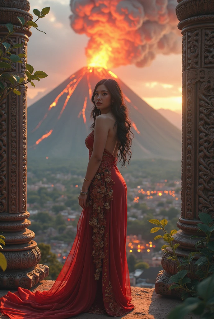 1girl, long sleeve red dress,cleavage, underboob, full breasts, jagged rock, active volcano, (masterpiece, best quality, extremely detailed, hyperrealistic, photorealistic), russian model, detailed face, black hair, warm hue, warm tone, visible steam, smile, (20yo, cute:1.3), (breasts:1.2),