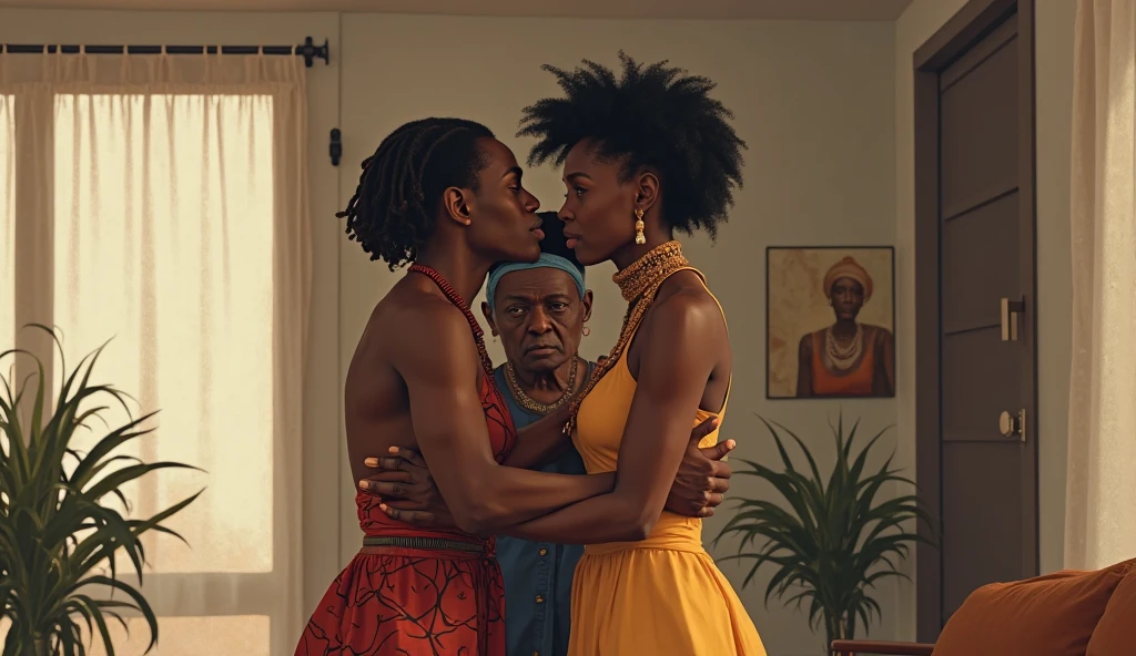 Amara and Malik in a tender moment, symbolizing newfound love and respect, surrounded by the supportive villagers, in a peaceful and vibrant African village landscape, in 16:9 dimension.