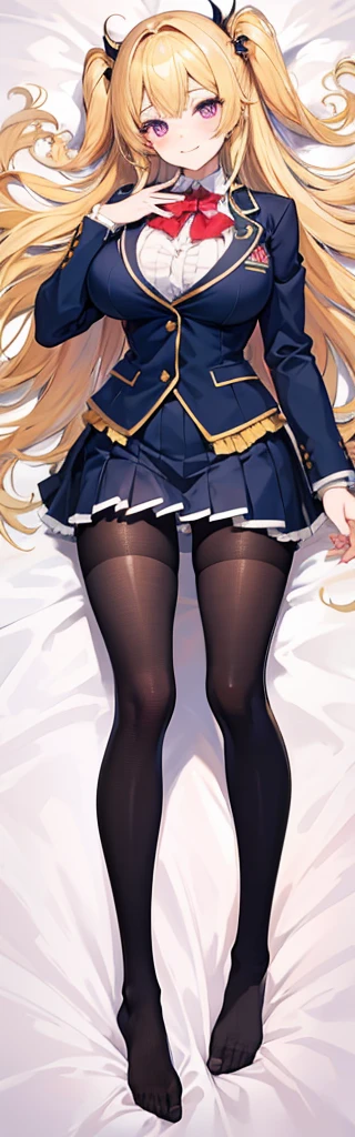 masterpiece, best quality,ultra detailed,
anime moe art style,ultra detailed face,
Perfect Anatomy,complete fingers,
full body,dakimakura illumination,
1 gyaru girl,
messy curly ravishing blonde super long hair,
half-open-eyes with heart-shaped pupils,
huge large breasts silhouette,frilled impossible clothes,
navy blazer school uniform,pantyhose,
teasing smile,