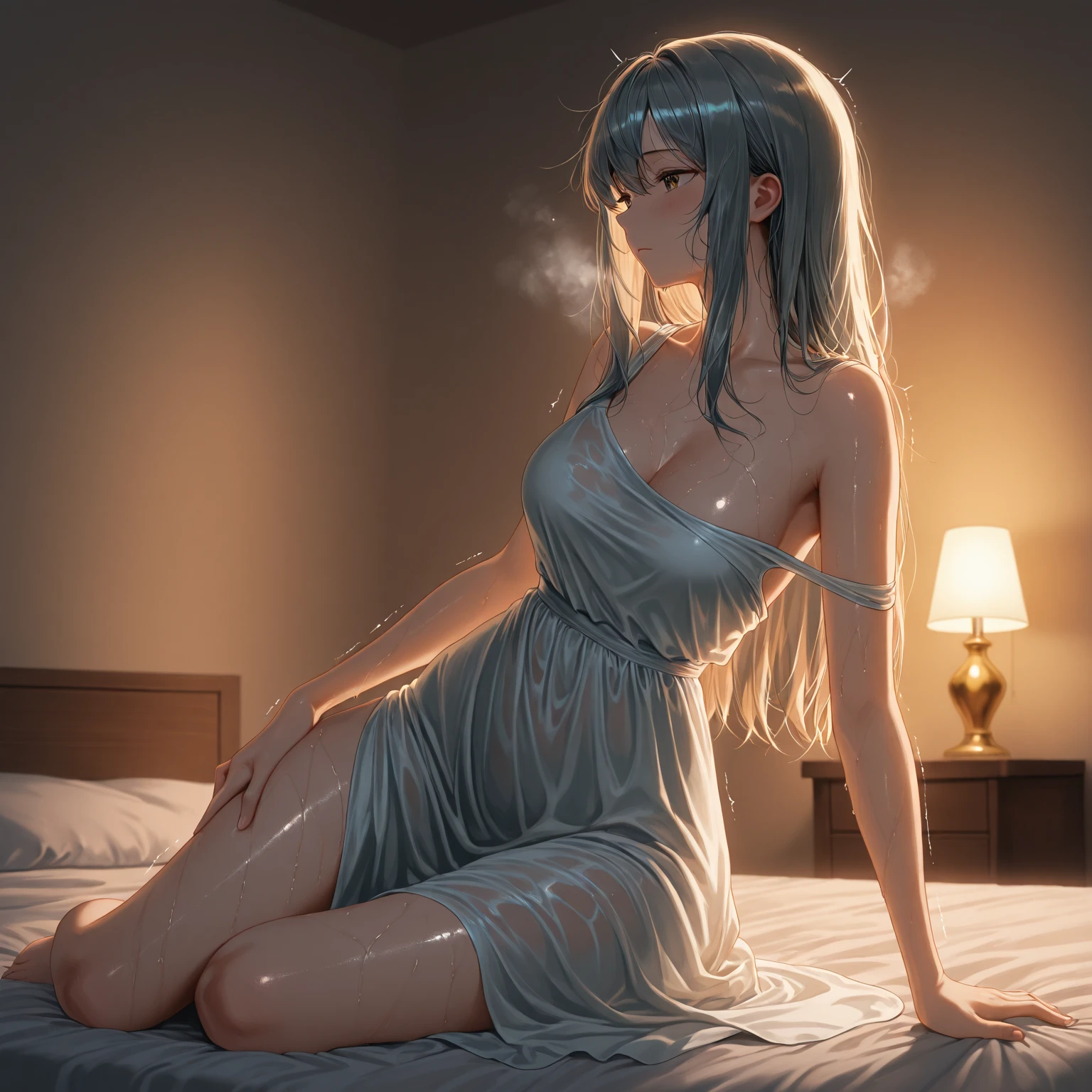 masterpiece、8K、32K、highest quality、(Detailed both eyes)、(cute japanese woman、bangs:1.3)、23 years old、1 girl、elegant、black hair、(olaroid photograph of:1.4)、(huge :1.2)、(get wet:1.3)、Sexy Gravure