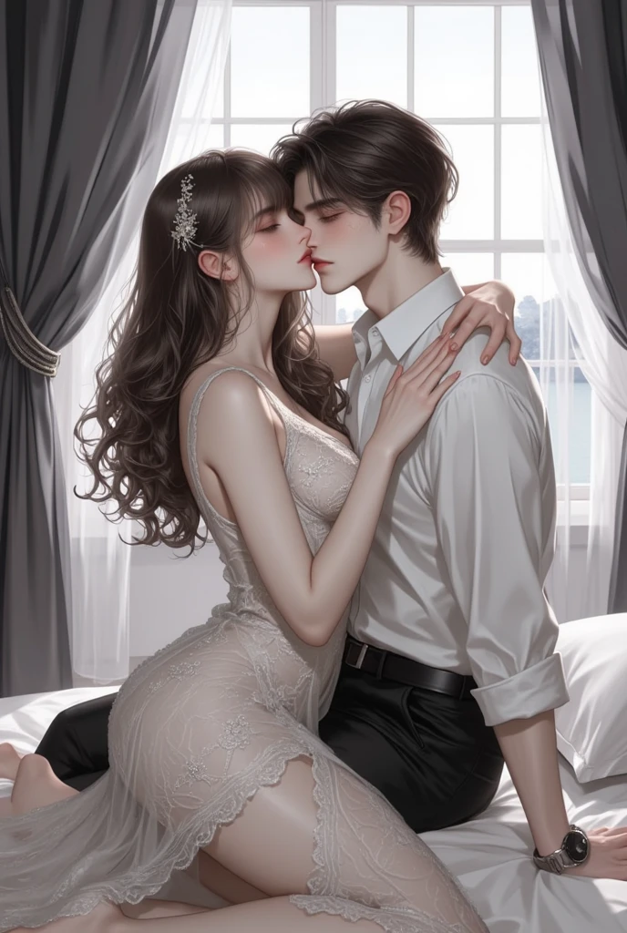 a beautiful young chinese woman in her 30s, a handsome chinese man in his 45s, intimate romantic scene, high quality, 8k, photorealistic, detailed facial features, detailed clothing, bedroom interior, soft lighting, passionate embrace, sensual poses, warm color tones