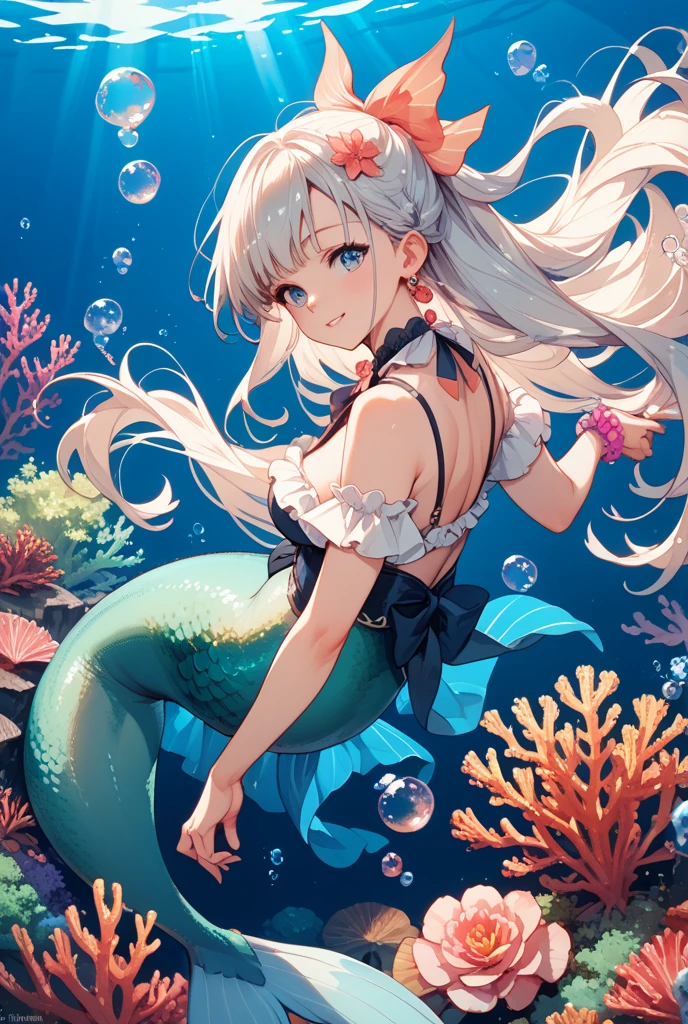 (best quality,4k,8k,highres,masterpiece:1.2),ultra-detailed, drawn in anime style, Pretty anthropomorphic albino mouse girl magically transformed into a beautiful mermaid princess, race swap, fantastic transformation, sharp teeth, beautifully detailed lips with lipstick, she’s smiling, steampunk, fishlike, wet body, very long curly white hair adorned with hair accessories, red eyes with long eyelashes, white fur, slim body, red manicured nails, whiskers, mouse ears with pearls hanging from them, long mermaid tail below waistline with shimmering cyan fish scales, pelvic and dorsal fins, a pair of fish gills on her torso, highly detailed seashell bra with intricate patterns, pearl bracelets, pearl necklace, tiara made of seashells, cute princess dress, physically-based rendering,gorgeous frilly dress design,flowing gown,elaborate lace details,rich textures,contrast stitching,delicate ribbon bows,fish scale accents, translucent skirt,fitted waistline,lace-up back,luxurious fabrics,flawless silhouette, joyful expression, sparkling water, water reflections, ethereal atmosphere, subtle glow, whimsical and enchanting, sitting gracefully on a throne chair, underwater castle interior, intricately decorated throne room, magical underwater lighting, vivid colors, breathing underwater, endless ocean depths, light filtering through the water, Highly detailed, masterpiece, high quality, 4K.