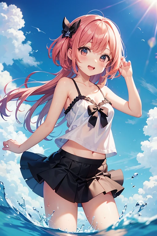 a girl standing in shallow ocean water under a clear blue sky. She has a sun-kissed complexion and long, light brown hair with soft waves cascading over her shoulders. She is wearing a two-piece swimsuit with a strap around the neck; the top is bandeau-style with a halter neck strap, featuring a coral pink color with white polka dots. The top has a sweetheart neckline, accentuated with a small frilly detail along the edge, and it is underwired, providing structure. The matching bottoms have a similar frilly detail along the waistline. Her posture is relaxed yet playful as she gently touches her midriff with both hands, and she offers a soft, engaging smile, her head tilted slightly to the side, adding a sense of approachability to her demeanor.