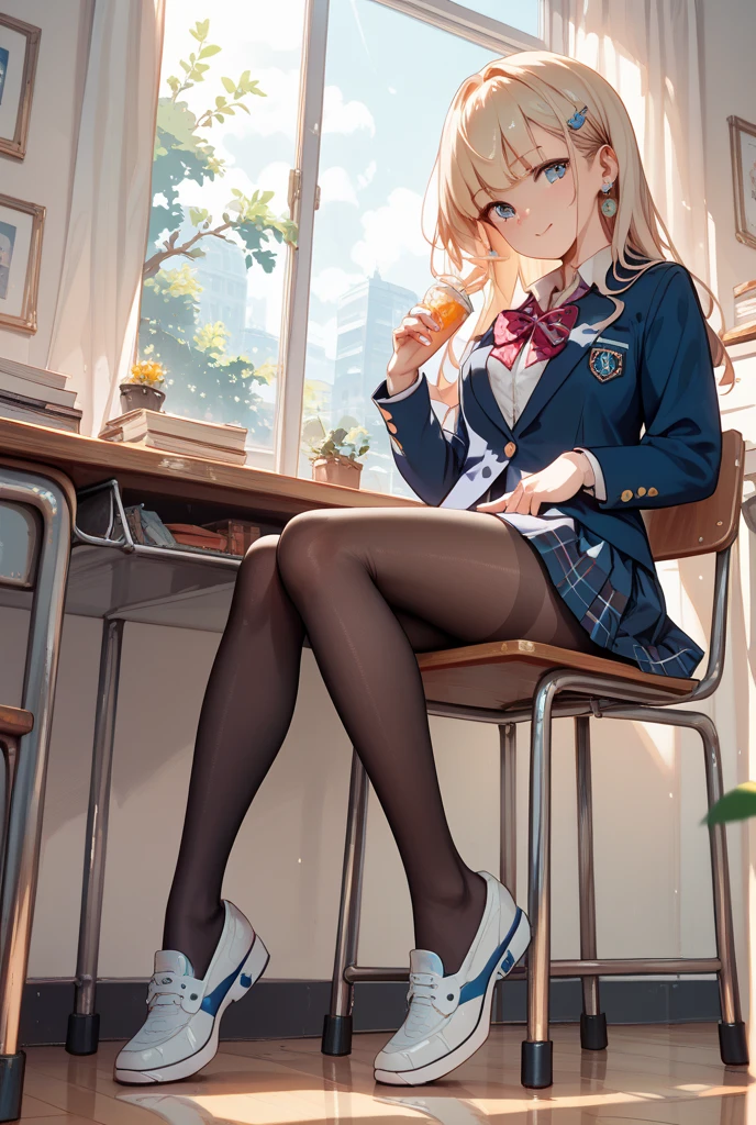 Garota no estilo anime, cabelos longos e lisos, usando um elegante casaco vermelho com detalhes em preto, sentada graciosamente em um banco de parque durante o entardecer. Ela veste uma saia plissada de cor escura, knee-high socks and classic style shoes. The girl displays a slight smile as she delicately holds a book in her right hand and a cup of coffee in her left hand.. Ao fundo, autumn leaves begin to fall, criando uma atmosfera tranquila e serena.