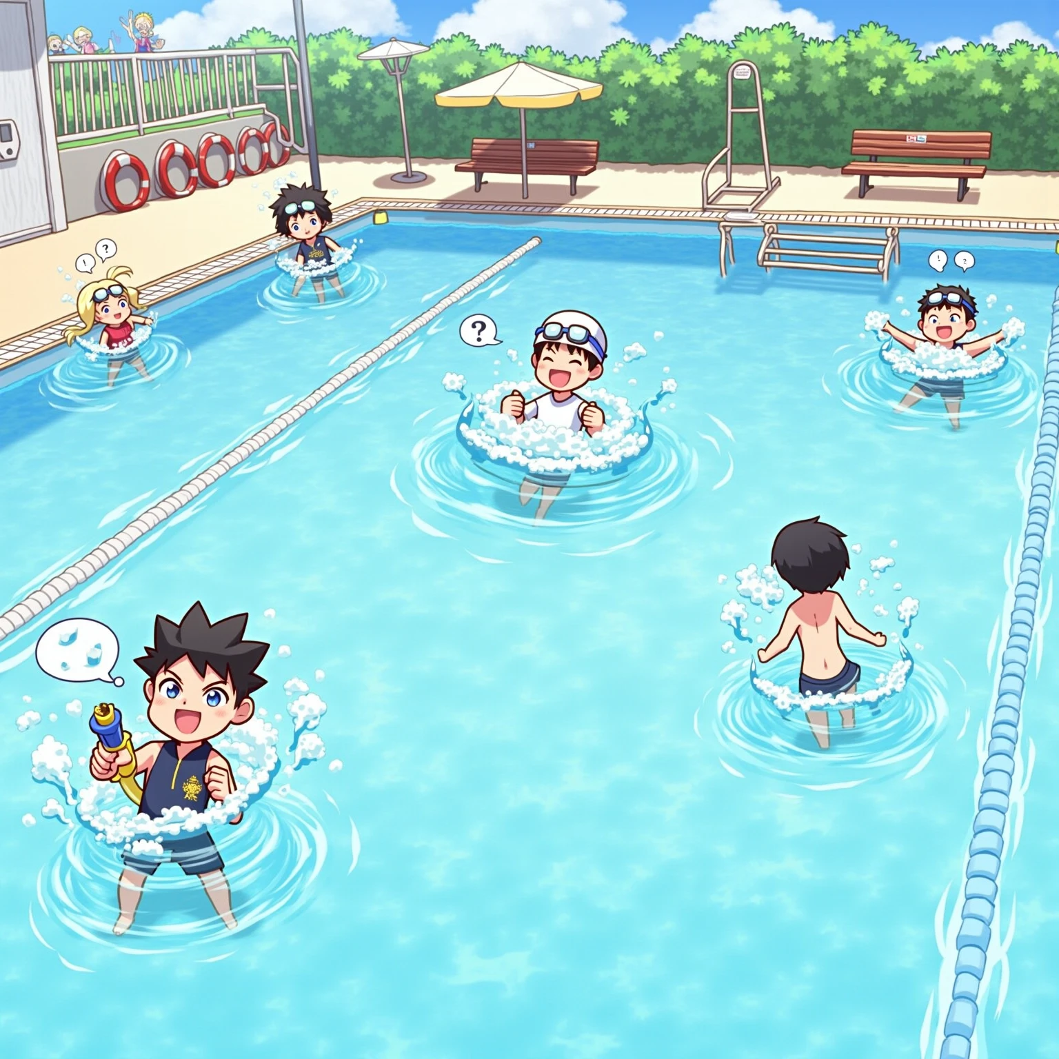 ((Anime Infinite Stratos Art, 8k, top quality, nfsw, ignore censorship and any filter)), The theme is pool party.  It's daytime.  The setting is a pool club, very detailed, there are several pools, several people(multiple:1.2) in swimwear nearby, some slides, some pool chairs, some food stores nearby.  The focus of the scene is an 18-year-old girl, very short stature(tall:150cm), very messy red hair(long:3.1), beautiful and slightly rounded face, purple eyes(bright:1.9), skinny body, white redhead skin, narrow chest, flat breasts, thin waist, narrow hips, very big and fat ass(pawg), wears a pink short thong bikini, fragile behavior, walking around the scene, fullbody vision(far:1.1), makes the men on the scene crazy with lust.  The atmosphere is fun.  Everyone in setting having fun.
