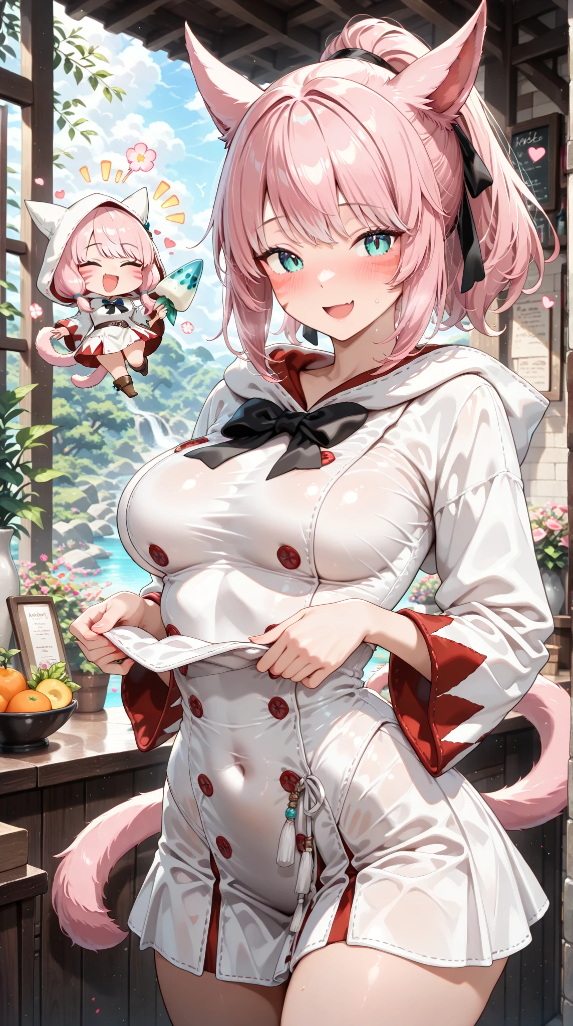 tepaste, short hair, white hair, multicolored hair, red hair, bangs, blue eyes, cropped jacket, pink jacket, red jumpsuit, cleavage, :d, sitting, forest <lora:tepaste-000005:1>