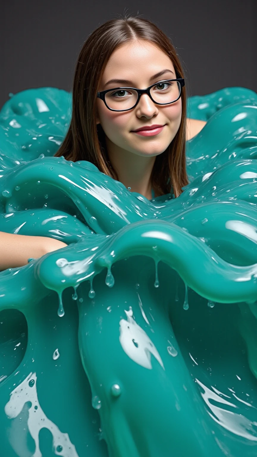 gameshow, slime bucket above her head, string from ceiling, woman pulling string, some green slime is falling down, humiliation, playful, 1woman, solo, wet and messy, messy game, long dark hair