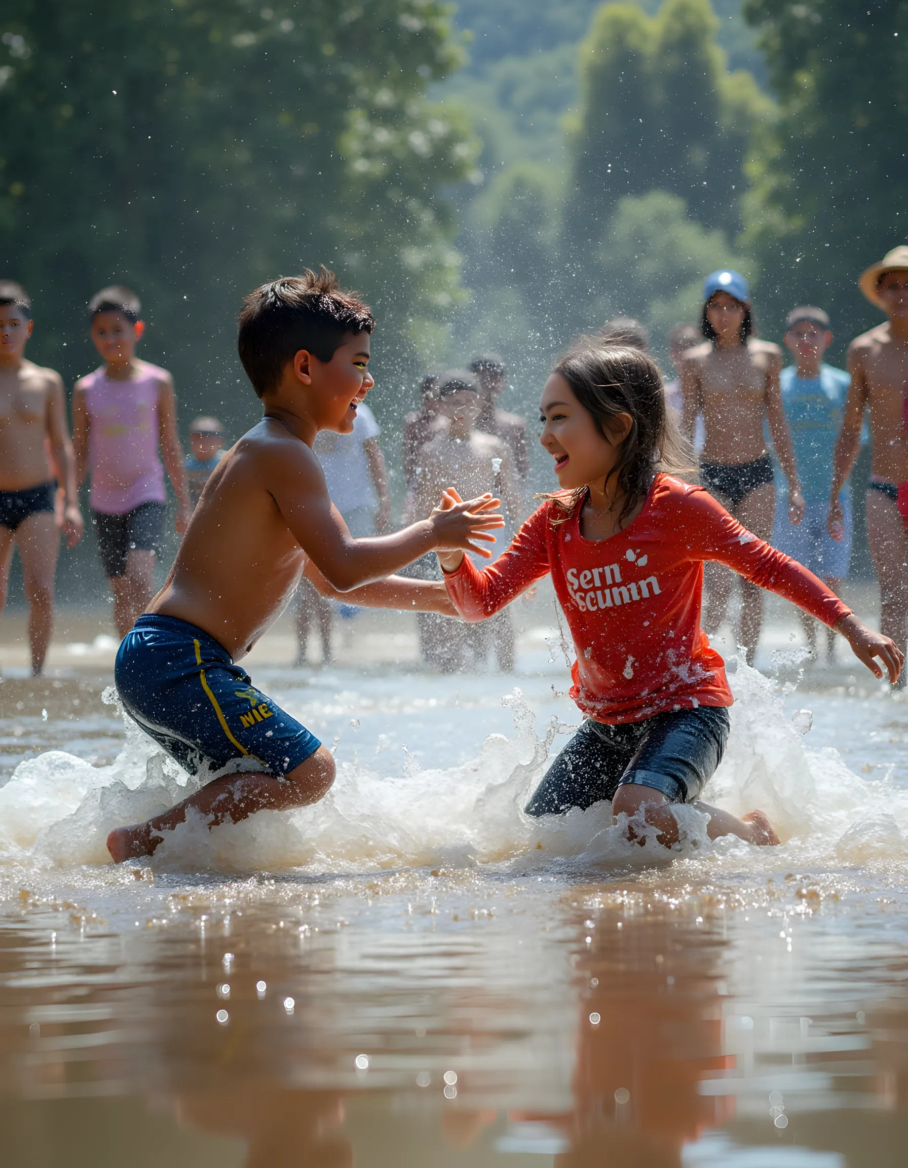 A young girl (around 10-11 years old) wearing pink snow boots and tattered brown clothes is being pulled into a black hole. Her brown puppy is trying to rescue her, but they're both being sucked in. The surface of the black hole has a scratched face of a ugly man on it. In the background, there's a narrow pond of pure black water surrounded by skeletons of dead bodies."