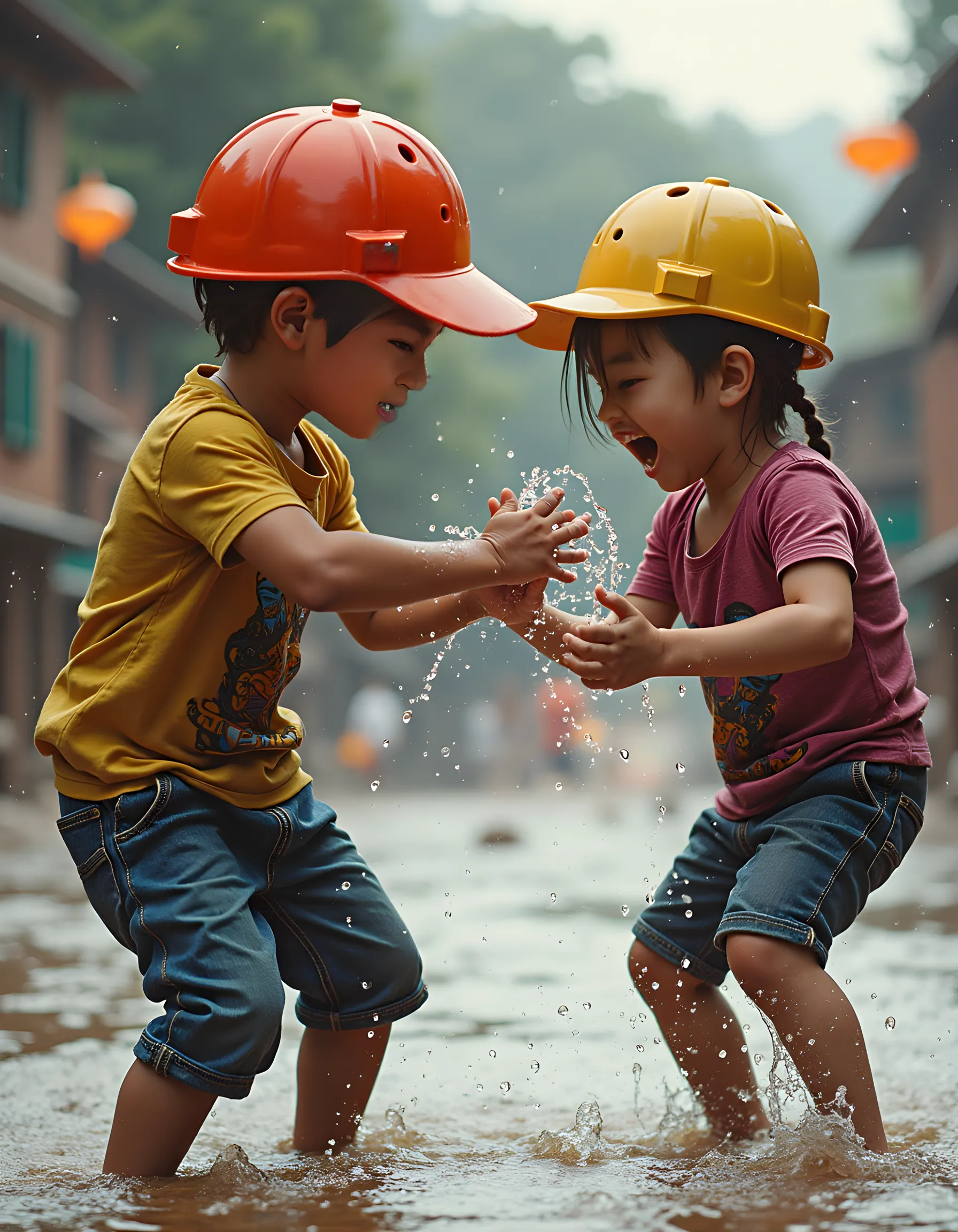 Two boys playing and splashing mud with their hand to each other in the village