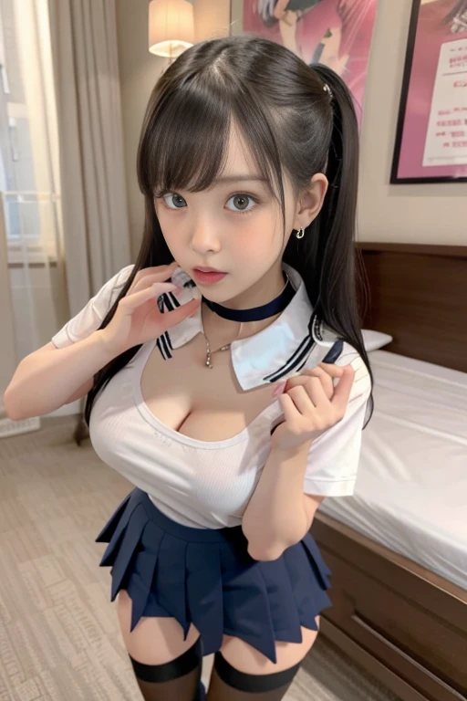 Highest quality、8k、32K、masterpiece、Ultra Clear、Highest quality、8k full vision, Cinema Lighting:1.2)、(Blue Right), One personの、Long Hair Girl、Beautiful Japanese Women、Black-haired、Heavy bangs、Accentuate your breasts、choker、(Super big breasts:1.5), Sagging under the eyes、Red glitter eye makeup, From feet to head、(Fluorescent pink lipstick:1.3)、
Soft impression、Of Japanese、(jirai type fashion:1.5, Japan Underground Idols、Japanese Landmine Woman Makeup:1.5),
((Open your mouth and stick out your tongue:1.2,Subjective, Kissing Face)),
Detailed and stunning backgrounds、
((Love Hotel:1.8, Lights out:1.8, Decolorization lighting:1.8)), sexy and seductive、大きなAccentuate your breasts, One person, solo, (Late Night:1.8)
Sit with your legs apart、Squat、sitting