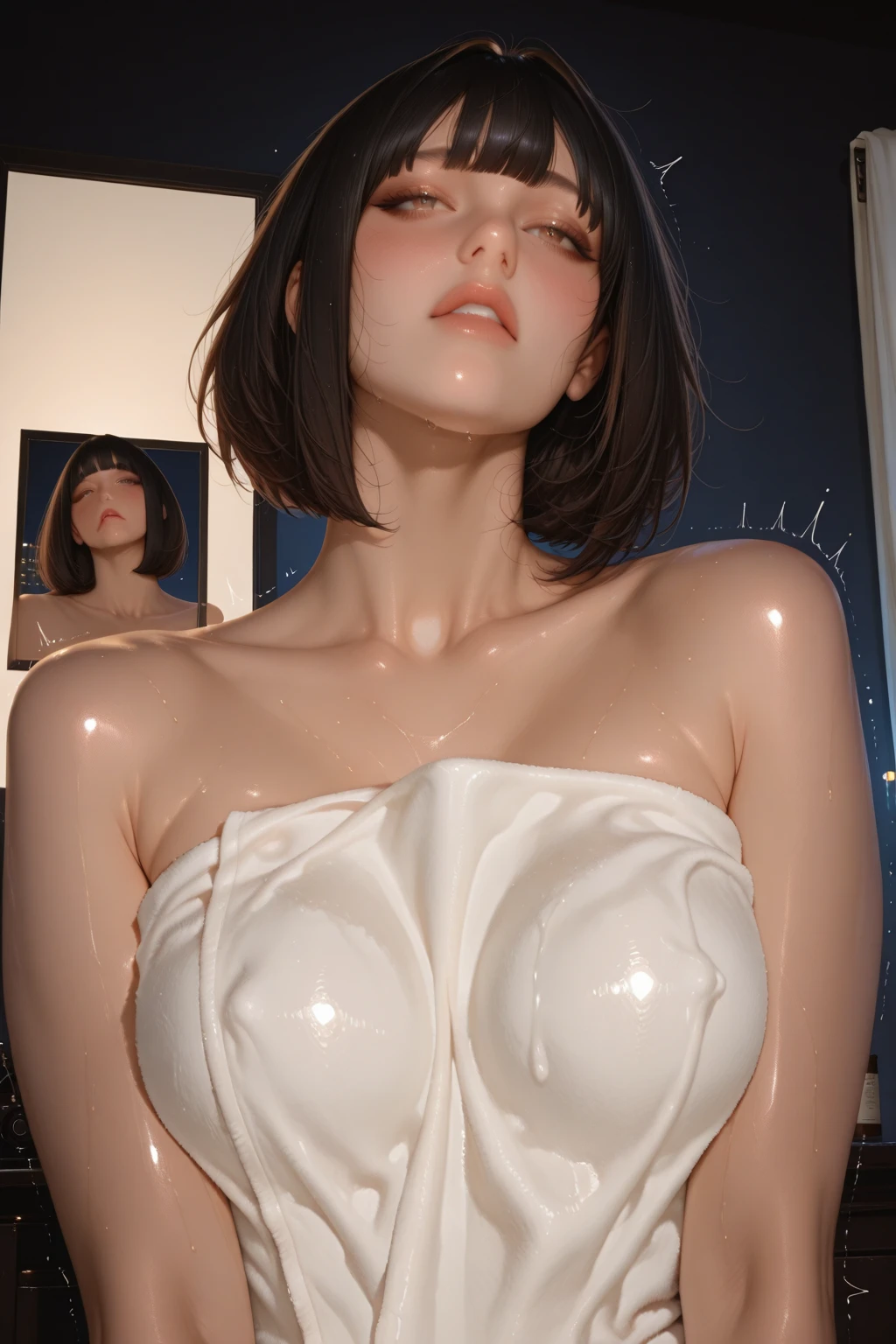 Highest quality, masterpiece, Ultra-high resolution, (Realistic:1.5), RAW Photos, One girl, A skinny girl with small breasts、In the Dark, Deep Shadow, Modest, Cold Light, Sexy look, short hair, (All Nude)
