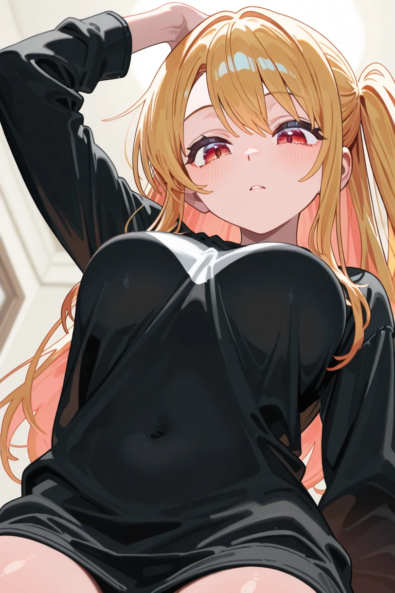 (anime art style:0.1), 2d, masterpiece, best quality, (very aesthetic:1.5), absurdres, dynamic shadows, atmosferic, (kitagawa marin), (1girl), ((blonde hair)), bob cut, long hair, (red eyes), sparkle eyes, detailed eyes, eyelashes, ahoge, hair between eyes, bangs, medium breasts, makeup, lipstick, (curvy body), ahegao, tongue, saliva, fishnet bodysuit, covered nipples, ((cowboy shot)), looking at viewer, grabing own breasts, sitting, (from front), (white background), simple background