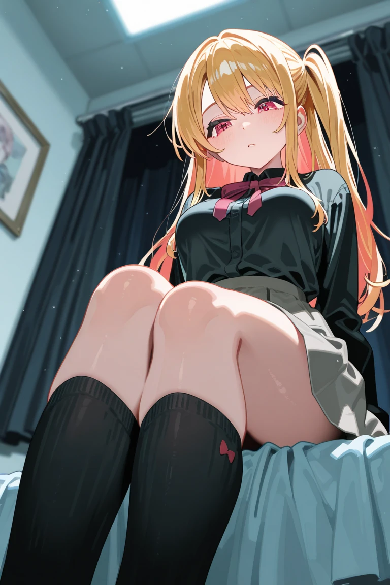 Photorealism、highest quality、超A high resolution、Woman in uniform sitting on bed、Low angle shot:1.5、(M-shaped foot:1.4)、((Showing panties:1.5))、A sexy look for the camera、((blonde:1.4))、((pink silk panties))、((Panties close up:1.4))、Tartan Check Pleated Skirt、Knee socks、A cute and beautiful face down to the last detail、(PurerosFace_v1:0.008)、Brown eyes、eyeliner、blush、Embarrassing、Glare、 Glossy lips: 1.4,  impatience、was scary、Glare、Panty Appeal、Panties close up:1.3、blush、is crying、cry、Open your knees、Spread your legs、Disheveled clothes、dressing、Medium Long Hair,In the bedroom、Anatomically Accurate human body、Two Arms、both hands、Five Fingers、Two legs、Accurate human body