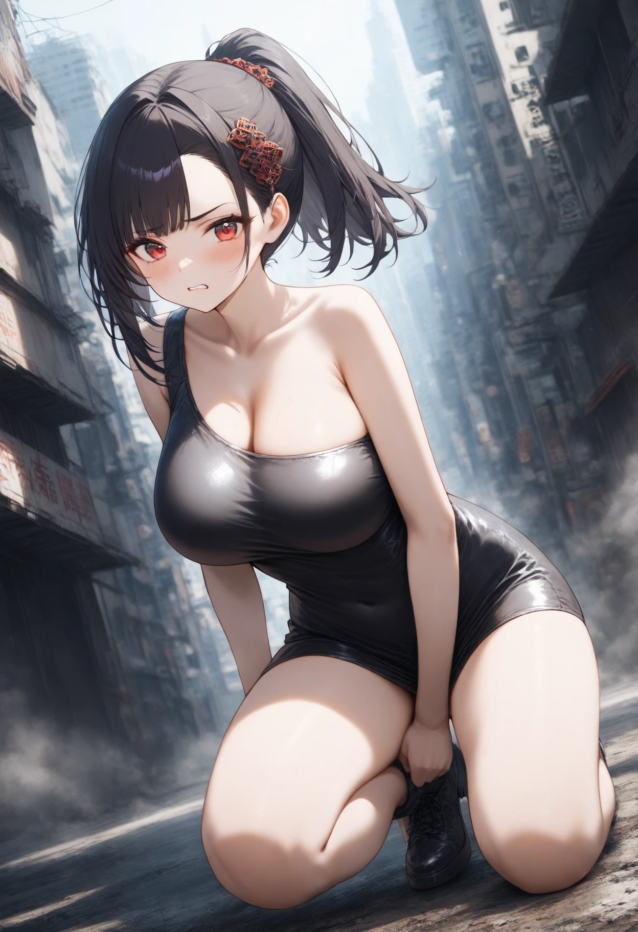 Highest quality,masterpiece,Ultra-high resolution, Very detailed, 8k,14 year old beautiful Japanese woman:1.5, Small face, Black hair ponytail, blunt bangs, Breast Augmentation Surgery, Giant、 Walking through the downtown area、 Swimsuit、 crowd