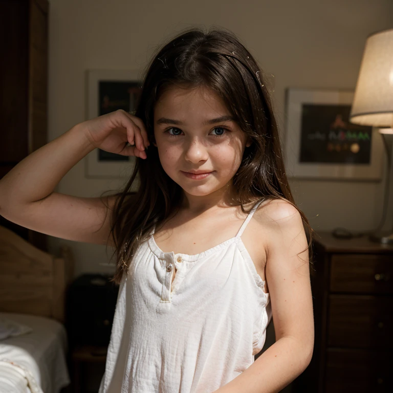 Pale skin ponytail hair weak Kurdish teen on bed tin body  smiling in undershirt 