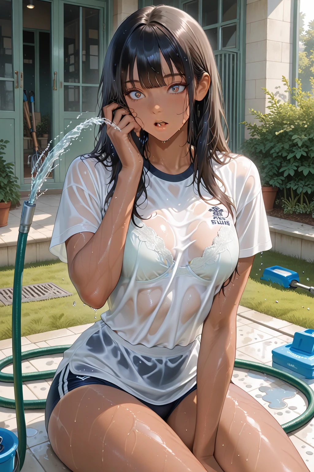 ,((perfect ???????,realistic:1.3,RAW Photography:1.3,masterpiece、highest quality、Ultra - High resolution、High resolution、Highly detailed CG、8K)),cowboy shot,1 female,solo,18-year-old、high school girl,18-year-oldの美女,Japanese,((beautiful detailed face and eyes:1.3,big gorgeous eyes:1.3,gray eyes,shy,tears、drooling)),black hair,long bob hair,(center parted hair,forehead),shy,shy,tears,(medium breasts,slender body,small head:1.5,skinny),((oily skin)),(gleaming skin,shiny skin),(white oversized shirt,Bare legs,White panties,camel toe,wet:1.5,kneeling,spread legs:1.5),Sneakers、garden、Pool、Tokyo、