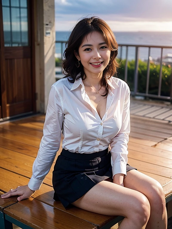 arafed asian woman in a white shirt and blue skirt posing for a picture, Open V chest clothes, Wearing a blouse, Open Shirt, wearing in shirt, in a white shirt, in a white shirt, Revealing clothes, Wearing tight simple clothes, low-cut top, fine white shirt, Wearing a light shirt, White blouse, wearing tight shirt, cleavage