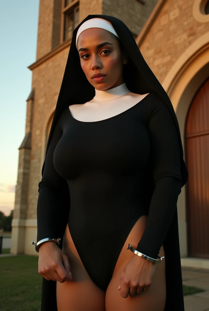 50 year old woman, black hair, oily brown skin,Christian nun, tight white and gold color dress,wearing wet gown ,plus size body, full body view,open legs,glossy most red lips, chain with holy cross on neck, church background, photorealistic, high resolution.