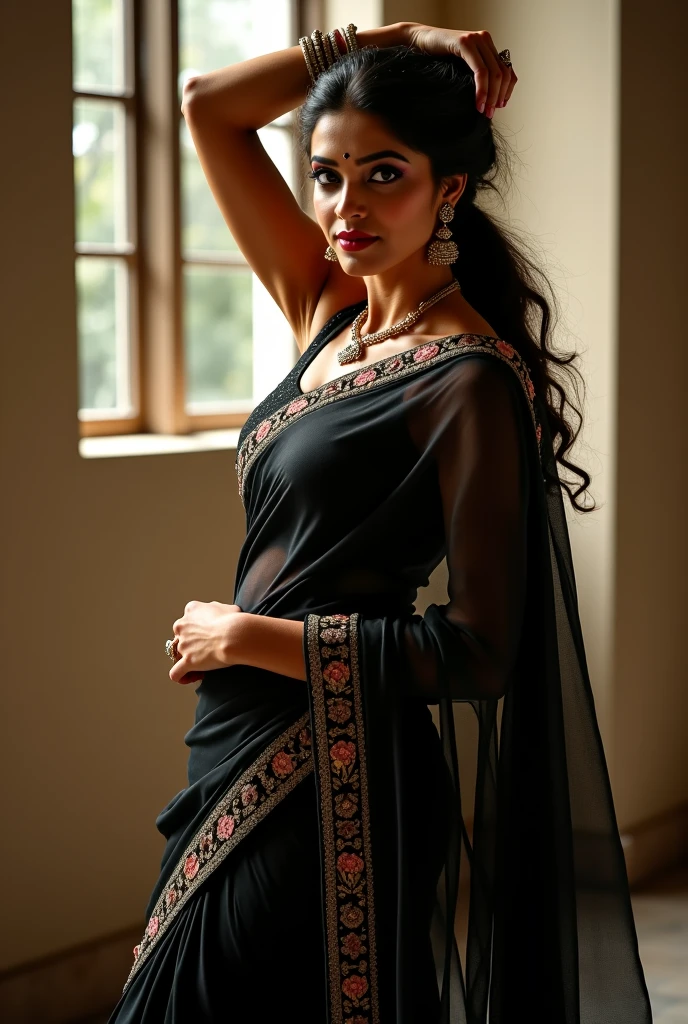 Dark skin pink lips bhabhi in black saree red blouse 