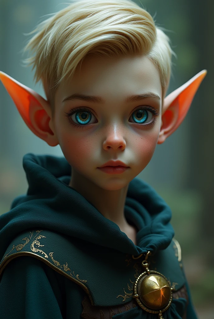Man around 3, hair blonde, with yellow pupils, with a necklace of red feathers that look like flames around her neck, Square face. with realistic appearance and with a cut scar on his cheek on the left side