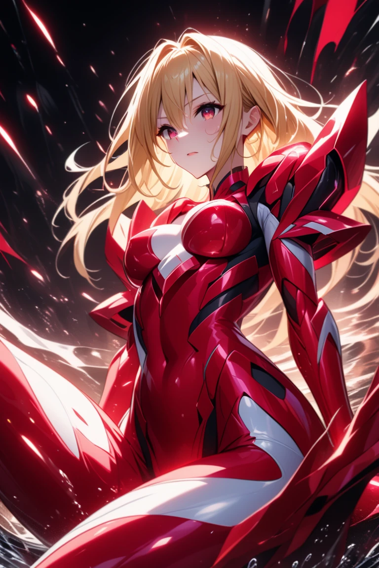 Mecha style maigcal girl, long blond hair, red eyes, she is wearing a white coloured magical girl leotard as a base with the rest of her body covered in crimson coloured mecha style armor, UHD, masterpiece, high details, super detail, high quality, best quality