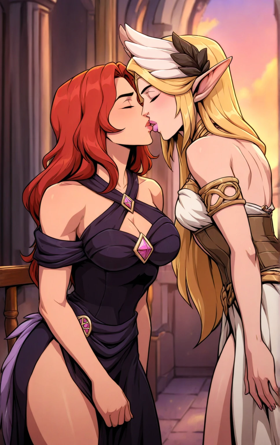score_9, score_8_up, score_7_up, shaded BREAK 1futanari and 1girl, futanari Riju having sex with Zelda, red hair, green eyes, tan, long hair, hair ornament, outdoors, sunset, balcony, v-shaped eyebrows, smug, looking at viewer, topless, bottomless, fully naked, fully nude, futanari, penis, precum, bulge, arms behind back, leaning forward, large breasts, huge breasts, round full breasts, super thin waist, heart shaped hips, kissing, penis penetrating vagina, sexual intercourse, sensual scene,