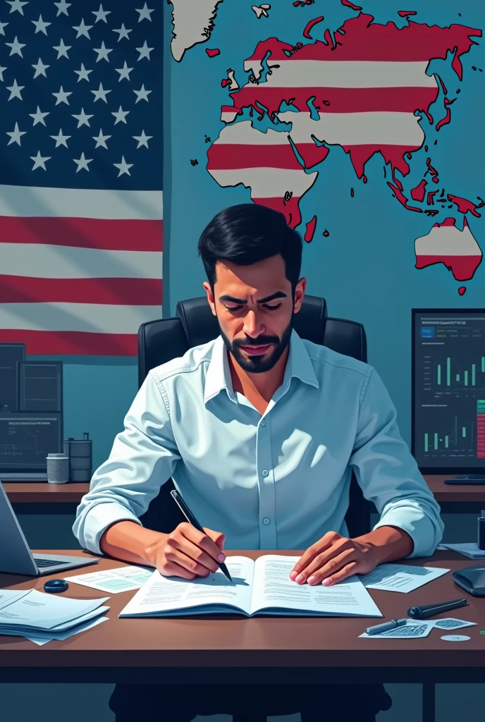 Sad Sardar wearing formal attire and looking at laptop, there is canadaian flag on the table 