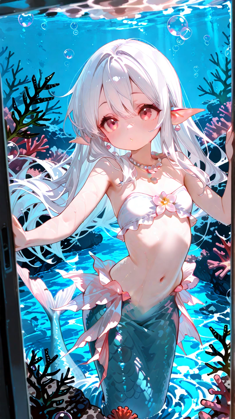 Create a high-quality anime image of a beautiful female elf character in a fantasy setting. She has long, flowing lavender. adorned with sparkling crystals. Her eyes are luminous blue, reflecting the mystical surroundings. She has elegant, pointed elf ears that add to her mystical charm.
She is wearing a stylish and revealing bikini with intricate details. The bikini has shimmering accents that enhance the fantasy theme, and includes delicate, ethereal designs reminiscent of magical symbols.
The setting is a magical forest pool with crystal-clear turquoise water, surrounded by lush, enchanted flora. There are floating lily pads and small, glowing fish swimming around. The trees and plants have a magical aura with bioluminescent flowers and glowing vines.
The character is floating on a colorful, fantasy-themed float ring, viewed from above. She is looking up at the viewer with a playful and inviting smile. Her legs are slightly spread, emphasizing her relaxed and sexy pose. The moonlight and bioluminescent flora cast a magical glow on her wet hair and outfit, creating a warm and enchanting atmosphere. The overall mood should be both enchanting and sensual, capturing the beauty and mystery of the fantasy poolside.