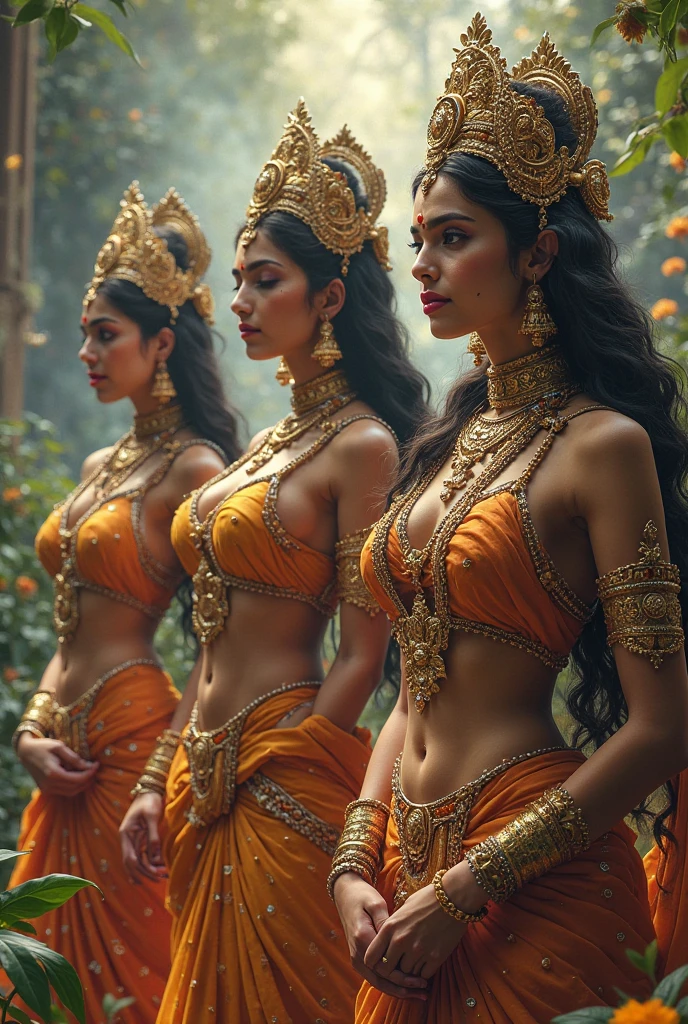Female Khmer warrior, long black hair, dark brown tanned, Armour on, bangles, Angkor temple, full body, holding weapon, sexy tied hair up, crowd on the head, wearing jewelry, Sak yant tattoos on the arm, curvy body, wear green wrap sarong outfits, dark skinned, cute face, big lips, Diamond shape faces, wide nice nose, defined features on the face, apsara jewelry on, gold leaves jewelry, fighting at war