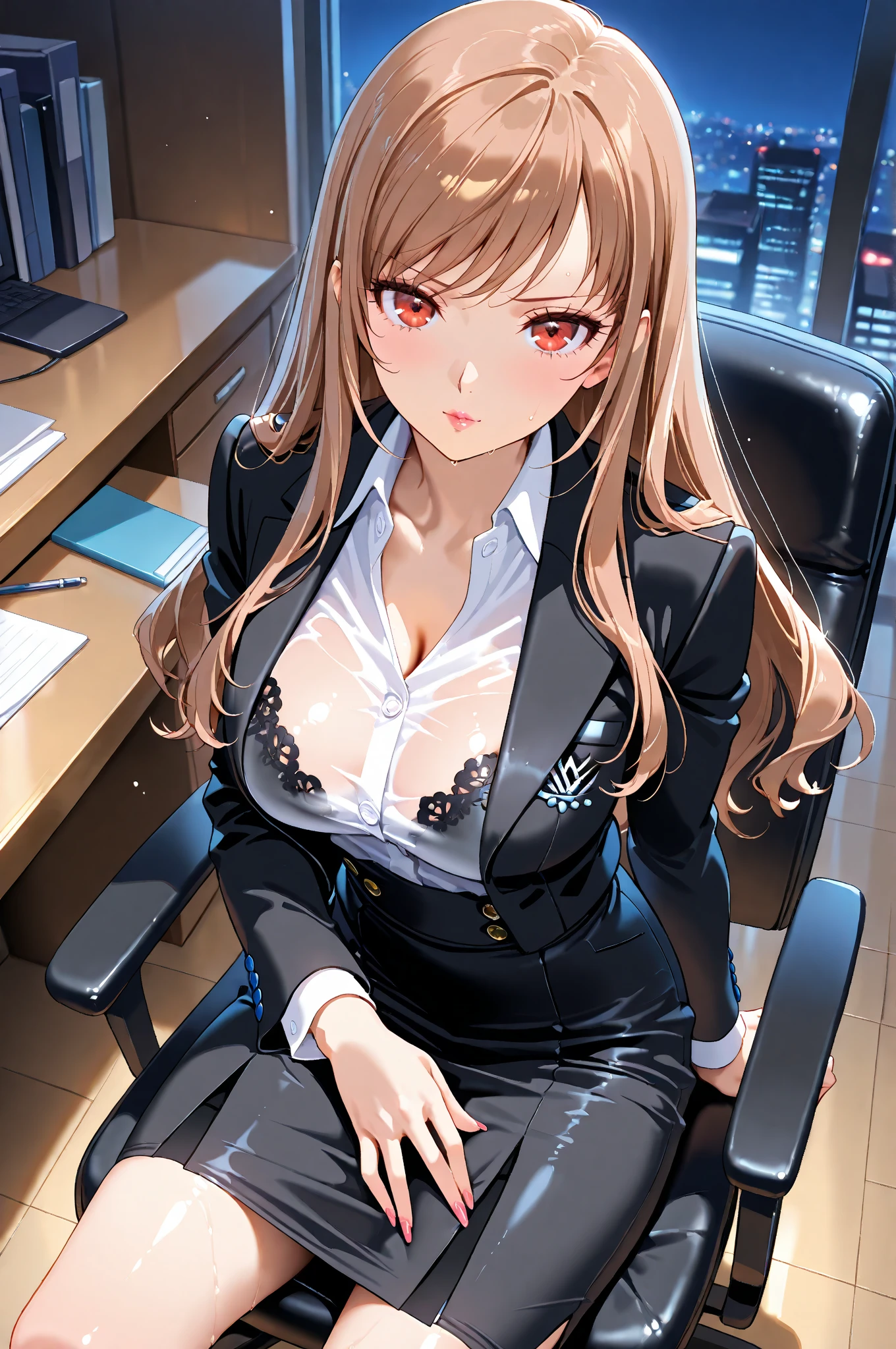 (Highest quality, High resolution, Very detailed), Silver Hair, Long Hair, Reddish brown eyes, office staff suit skirt, lace thong bra, Large Breasts, necklace, secretary, 24th generation, Beautiful woman, mature, quiet, Calm, A small smile, office,