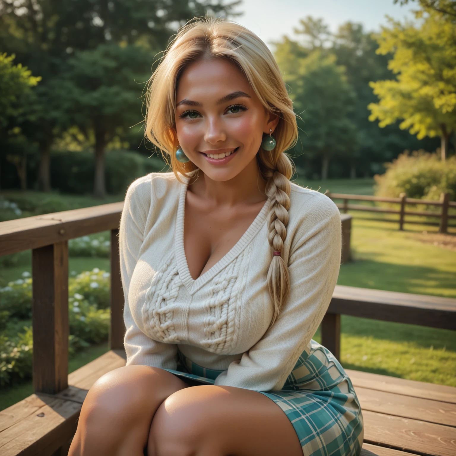 realistic, blonde hair, ponytail, makeup, evil smile, shy, Surrealism, high detail, depth of field, cinematic lighting, reflection light, glowing light, UHD, retina, masterpiece, ccurate, textured skin, super detail, high quality, high details, best quality, award winning, highres. A photo of sexy Ukrainian girl sitting in garden, wearing a sexy office uniform.  looking at the viewer. exposed cleavage.