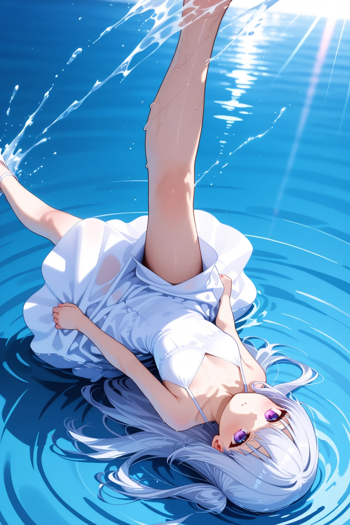 A beautiful view of Youmu Konpaku, wearing a transparent skirt and a white blouse. She is in the beach and the sun is shining on her wet skin. Her butt is clearly wet, and her body is perfect, POV, epic perspective, round butt