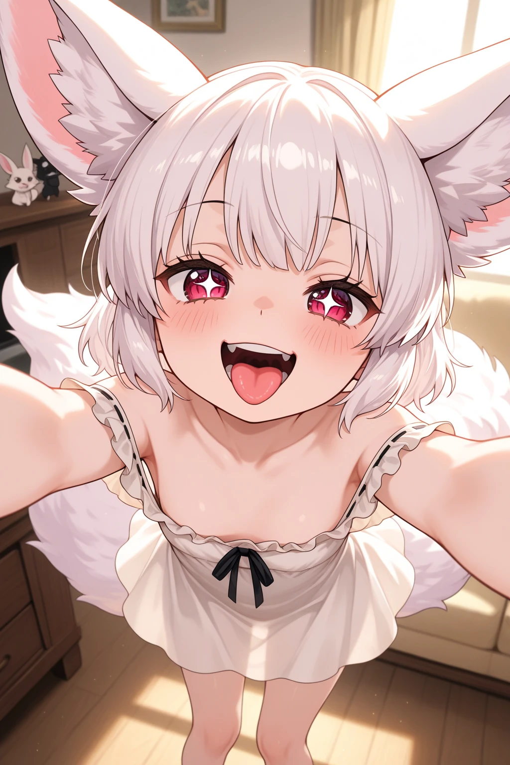 ,1 girl,Solo,tan,attractiveSmile,pov,face,breasts,adult,White hair,red eyes,wolf hair,,full body,light 
wolf girl,Androgynous,big breast 
best quality,very aesthetic,absurdres,pov,looking at viewer,front view,straight-on,puffy ,(seiza :1),(from front),(top down-bottom up)