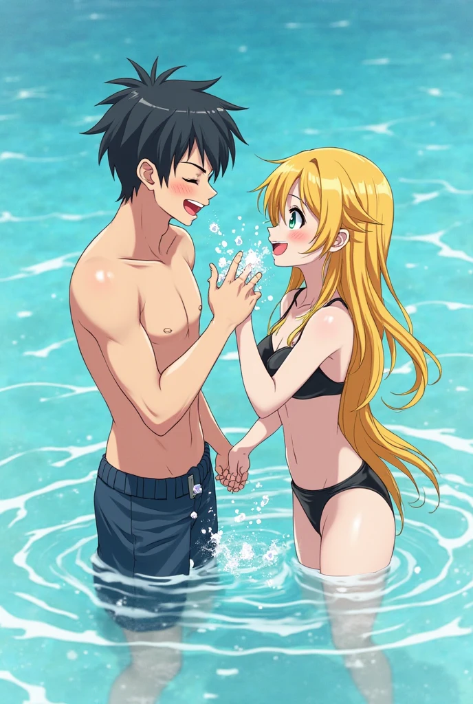 anime hentai porn photo having sex in the jacuzzi, 1girl, Kitagawa Marine, old, blond hair, smile, Nipples, A man , grabbing, the woman's tits