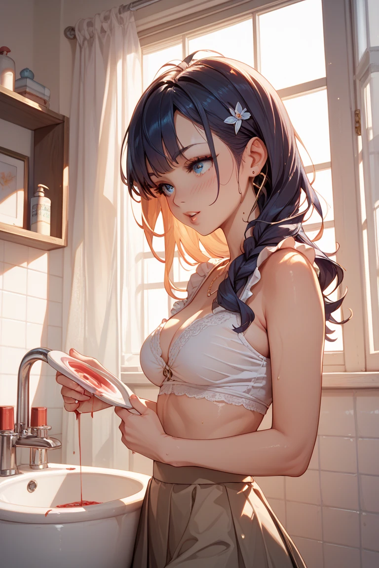 (Best quality, 8k, 32k, Masterpiece, UHD,:1.2),RAW, 1girl,ultra cute , natural lighting,transparent shining eyes, 20yo ,fair complexion, (vulgarity:0.8), (fucked silly:0.8),(steam:0.8),(trembling:1.3)), bra and panties, floral pattern, Cowboy Shot, standing, shiny, small breast