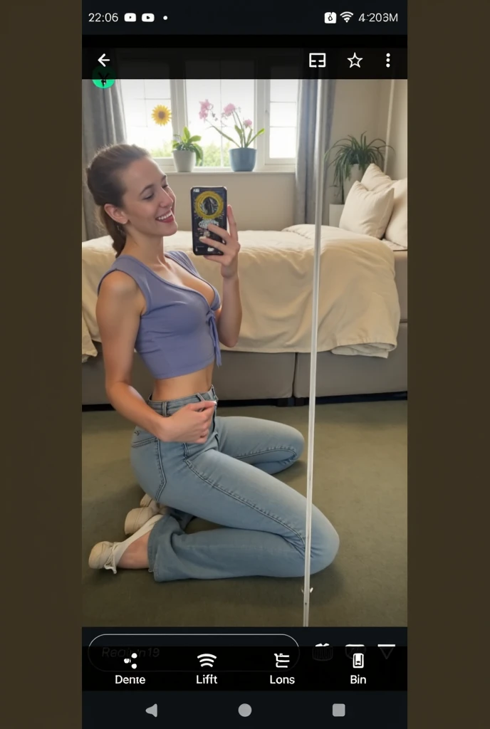 a 25 year old (caucasian) woman, (shy), (((mirror selfie:1.4))), embarrassed and laughing, looking away from the camera ((freckles:1.2)), ((imperfections)), indoors, vignette, filters, (filmy grain:1.4), model pose, wearing shorts, no bra, small breasts, nude, long hair, realistic, ((80s style)), wide angle view, distant photo