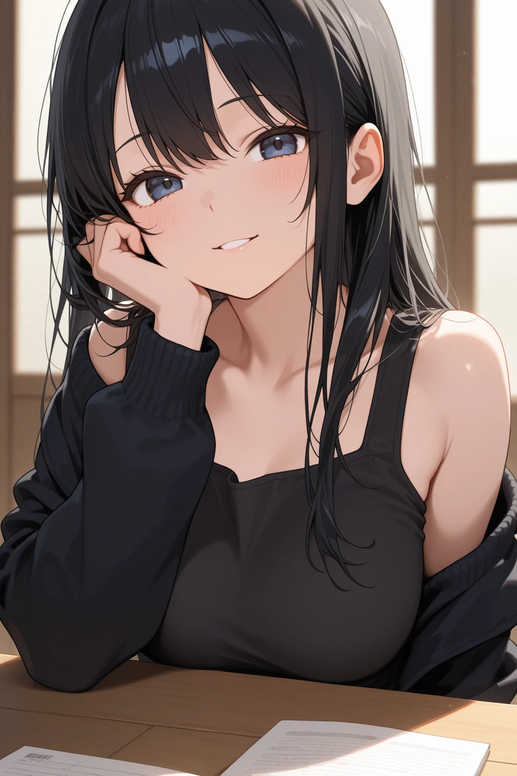 (((Chest opening off-shoulder sweater))) 、One Person、 Long black hair with slightly wavy hair、Black eyes、Superlative quality、((Top-notch image quality))、Neat and clean girls、beautiful a girl、Erotic look、Dainty girl、(((Poses)))、lightsmile、face perfect、A sexy、(((fullllbody)))、Black Choker、Looking at Viewer、pale skin、Bare legged、Very detailed 8k wallpaper