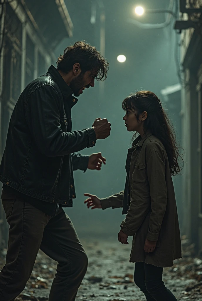 The selfish man, with an angry and accusing face, points at the kind friend and his daughter, demanding more coins.