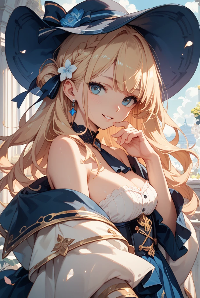 [navia (genshin impact)]:1.5,((masterpiece,highest quality,Highly detailed images,Beautiful images))1.4(navy images、Hold the hat down:1.6、night scene、A magical night city、The wind is blowing、Overall dim lighting、Backlight、A fantastic atmosphere、Thick Fog、Dust flutters)1.3,(Close-up of Navia looking to the side)1.1、(Cute smile、Great cleavage、Exposing cleavage):1.2
