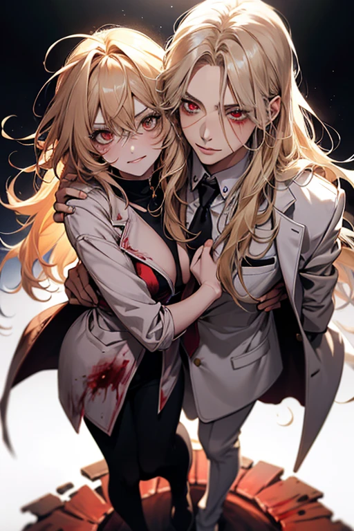 (best quality), (two_heads:1.4) (masterpiece), (solo), 1girl, blonde hair, yellow eyes, cross-shaped pupils, park background, symbol-shaped pupils, red horns, black sports bra, midriff, unbuttoned striped shirt shirt, white pants, black belt, baseball cap, ((evil, blood, sadistic)), upper body