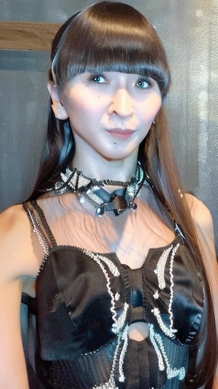 skinny 40 years old woman, extra , flat chest, small ass, black long hair, wearing white cyberpunk lingerie with triangular forms, in a white background, black nails, triangular necklace, triangular earrings, showing vagina