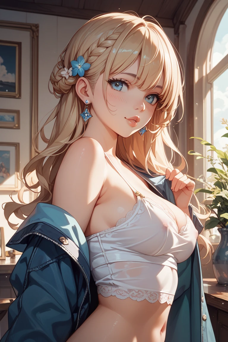 real picture (1 cute korean stars) flip hair, Light makeup, large breast size, naked, at the bedroom, Canon EOS facial features are clear, 16k, high resolution, Clear and lifelike details, overexposure, cut, ultra high definition, high resolution, best quality，Navel exposed，naked breast