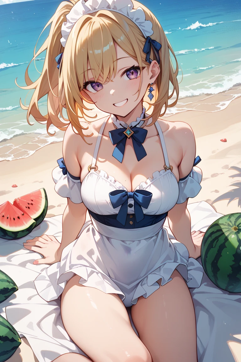 ((highest quality, 8K, masterpiece: 1.3)), concentrated: 1.2, perfect body beauty: 1.4, buttocks: 1.2, ((layered haircut, big breasts: 1.2)), (street:1.3), bandeau dress: 1.1, Highly detailed face and skin texture, fine eyes, double eyelid, whitened skin, long hair, (shut up: 1.3), full body, simple background, Perfect for your skin, cute expression ,table top,(highest quality,(shiny skin),Realistic,please lie down on the bed,feet apart,spread her legs,big breast figure,put your hand next to your face,near,smiling face,white sheer lace bikini,fluoro areola,white transparent fabric,blonde hair,Bloon Eyes,face turns red