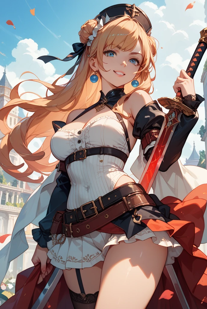Masterpiece, Best quality, 1girl, solo, long-hair, thighhighs, breasts, striped, blonde-hair, flower, blue-eyes, rose, striped-thighhighs, full-body, dress, looking-at-viewer, blush, tiara, detached-sleeves, cleavage, medium-breasts, holding, bare-shoulders, closed-mouth, black-footwear, white-dress, standing, red-rose, hand-on-hip, bow, bangs, very-long-hair, ahoge, red-flower, hair-between-eyes, gauntlets, halterneck, red-bow, frills, shoes, skirt, footwear-bow, armpits, flag, antenna-hair, criss-cross-halter, weapon, collarbone, clothing-cutout, crown, floral-print, headpiece