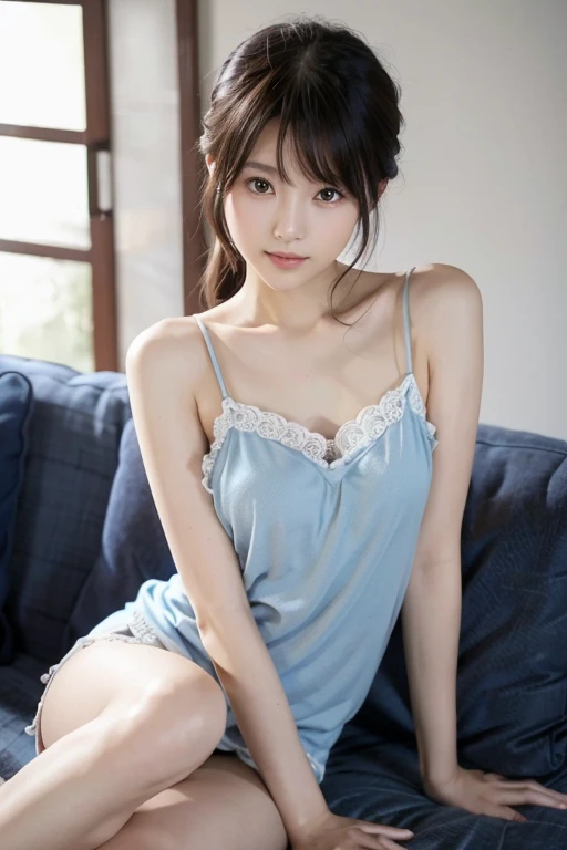 Light blue thong、18-year-old、Japanese、Human face、Light blue garter belt、Light blue underwear、on the white bed in my room、small cleavage、Japanese