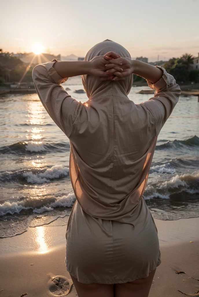 Black headscarf on the beach, black sweatpants, Barefoot woman. Men who touch women